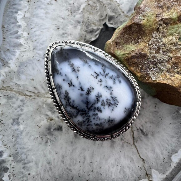 Sterling Southwestern Style Large Teardrop Dendrite Agate Ring Size 10 For Women - Picture 1 of 10